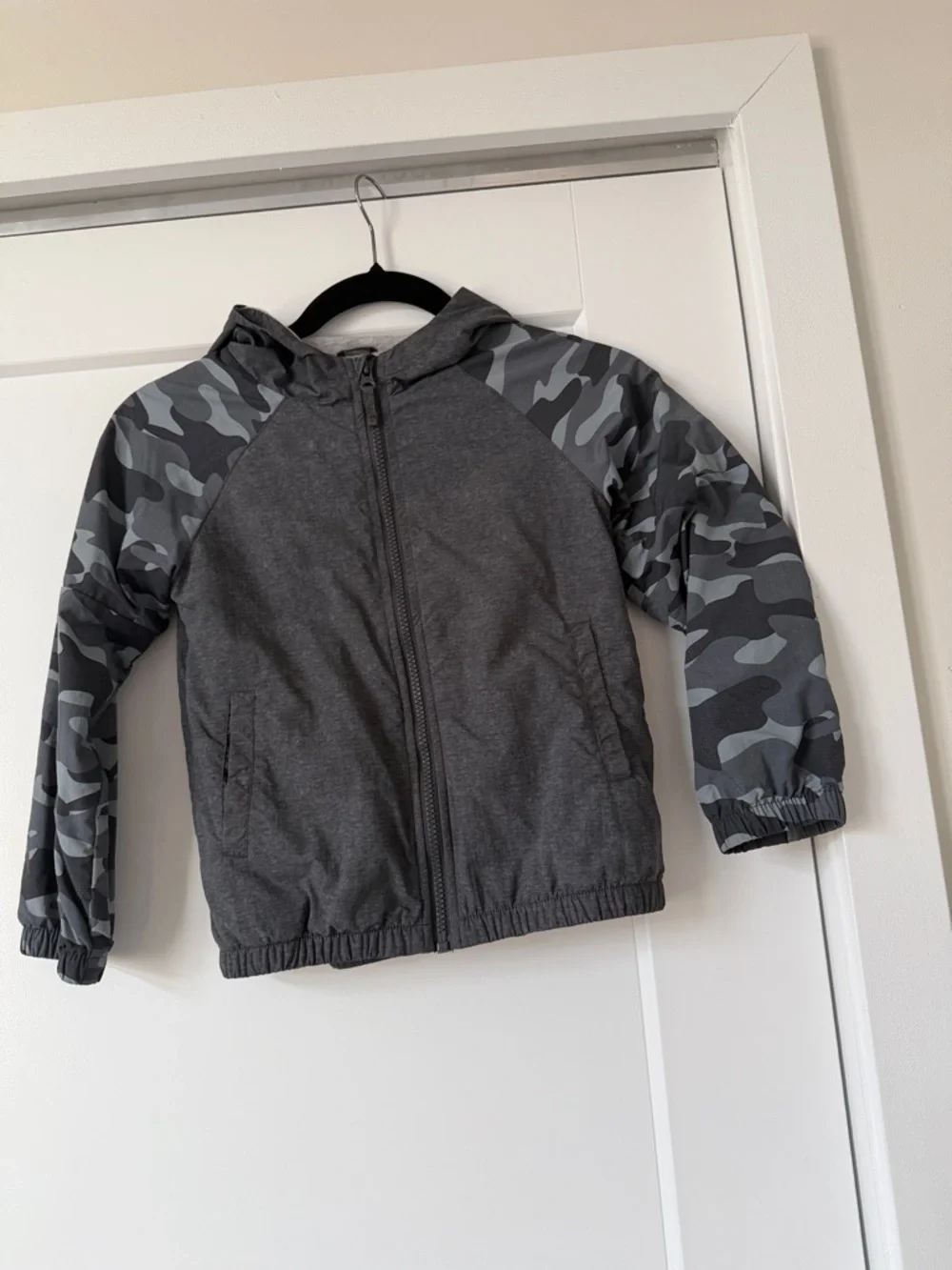 Oshkosh Kids' Gray Hooded Windbreaker Jacket with Gray Camo Sleeves